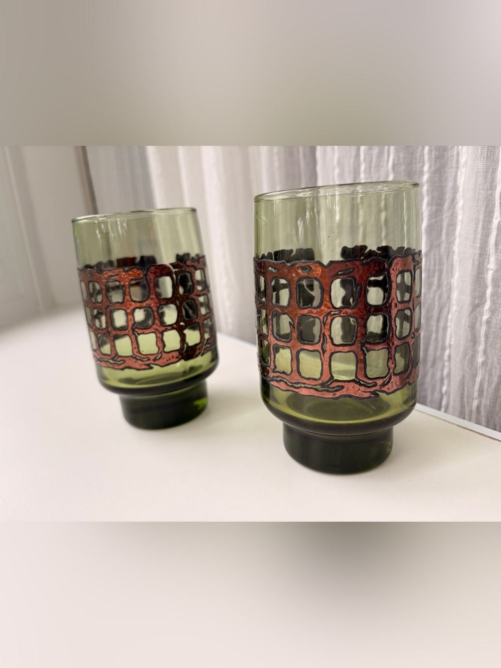 RARE VTG Libbey Signed 2 Green Glass Tumblers Copper Monogram MCM 1970s Barware - Picture 2 of 14